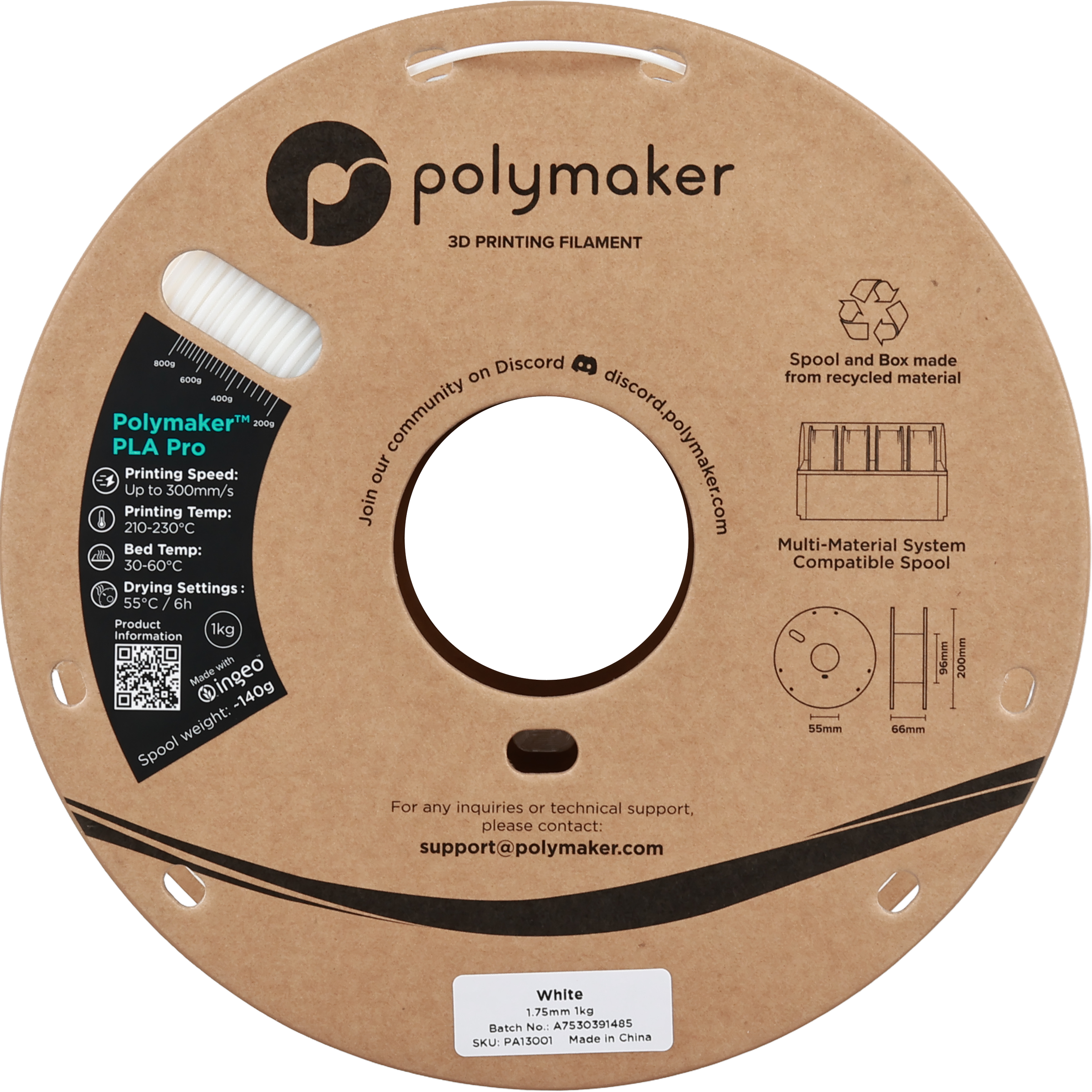 Polymaker  PLA Pro White, 1,75 mm / 1000 g    Neue, verbesserte Formulierung: Hochleistungs-High Speed-PLA in White
