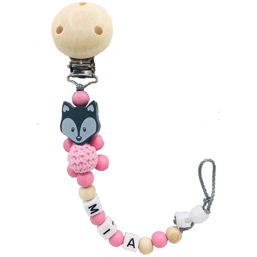 Schnullireich Schnullerkette mit Namen Fuchs Natur Rosa
