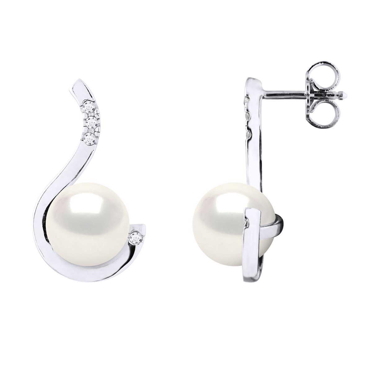 STELLA - Boucles d'Oreilles Perles 8-9 mm & Diamant Or Blanc