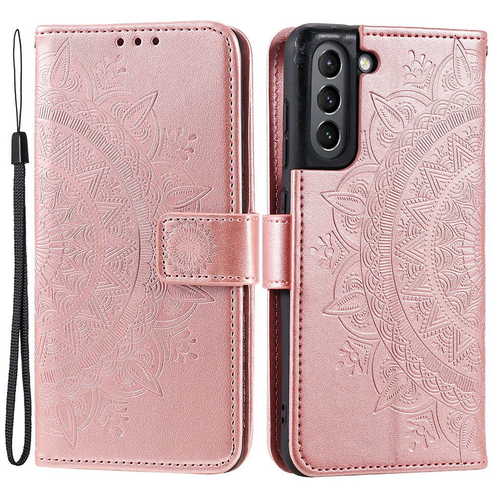 Samsung Galaxy S21 FE 5G Leder Tasche Wallet - Mandala Flowers Imprint - Roségold