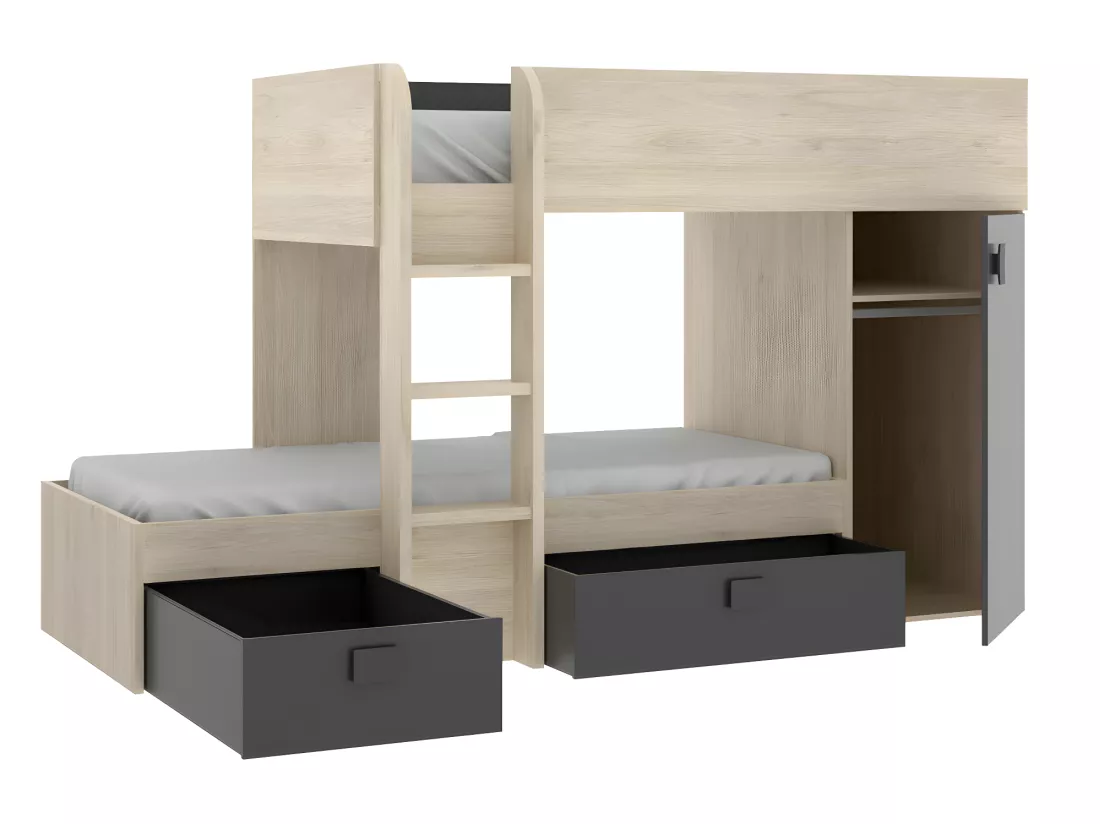 Lits superposés d'angle réversibles RICARDO - 2 x 90 x 190 cm - Rangements intégrés - Chêne et anthracite + matelas