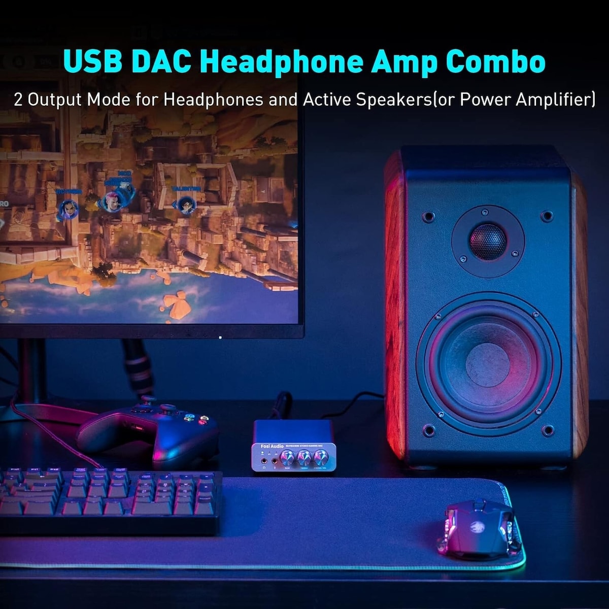 Fosi Audio K5PRO Gaming mini DAC-forsterker for PS5/PC/MAC, USB-C/Optisk/Koaksial til 3,5 mm/RCA
