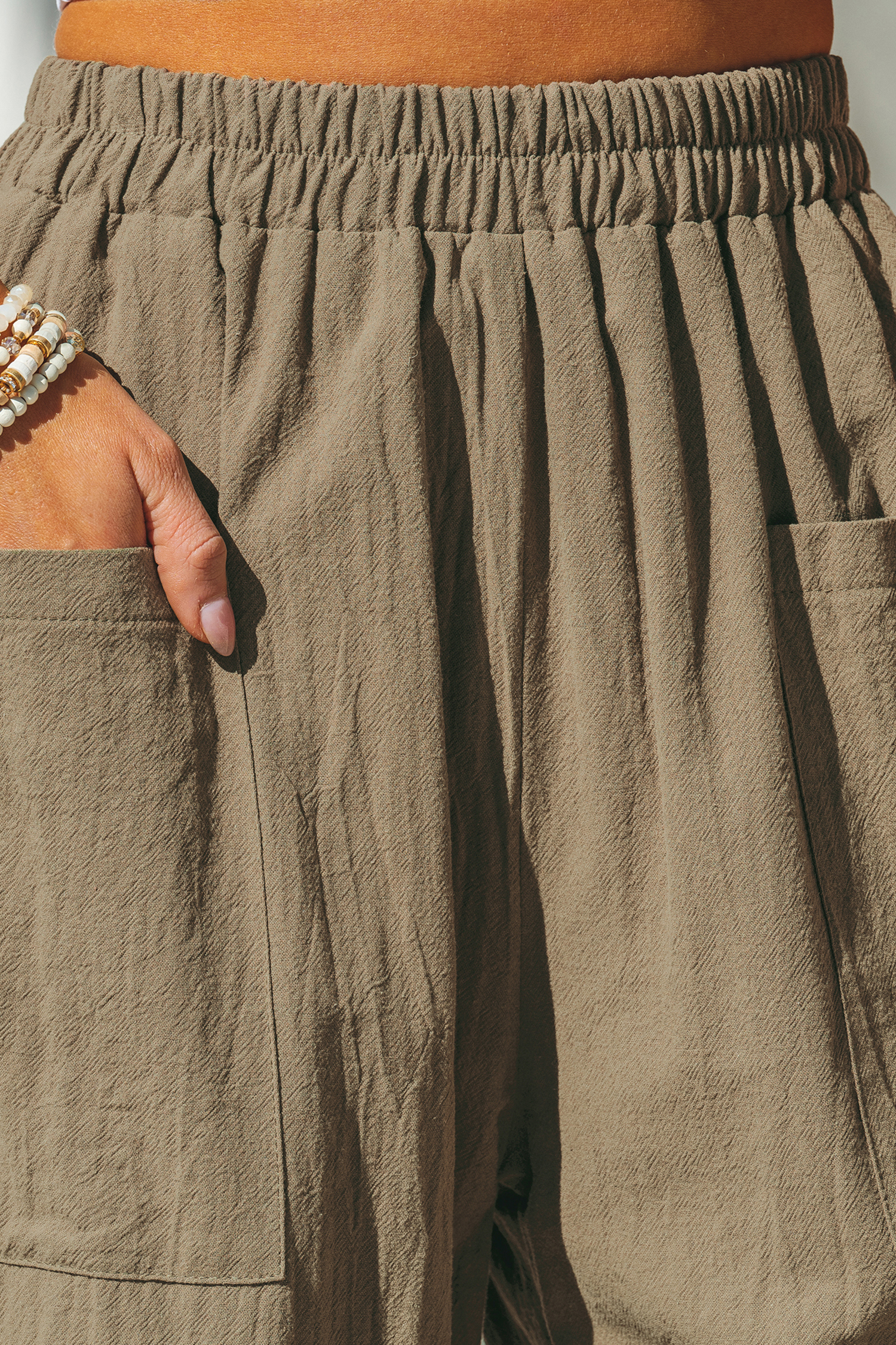 Pantalon en pur coton à jambes larges et taille élastique kaki