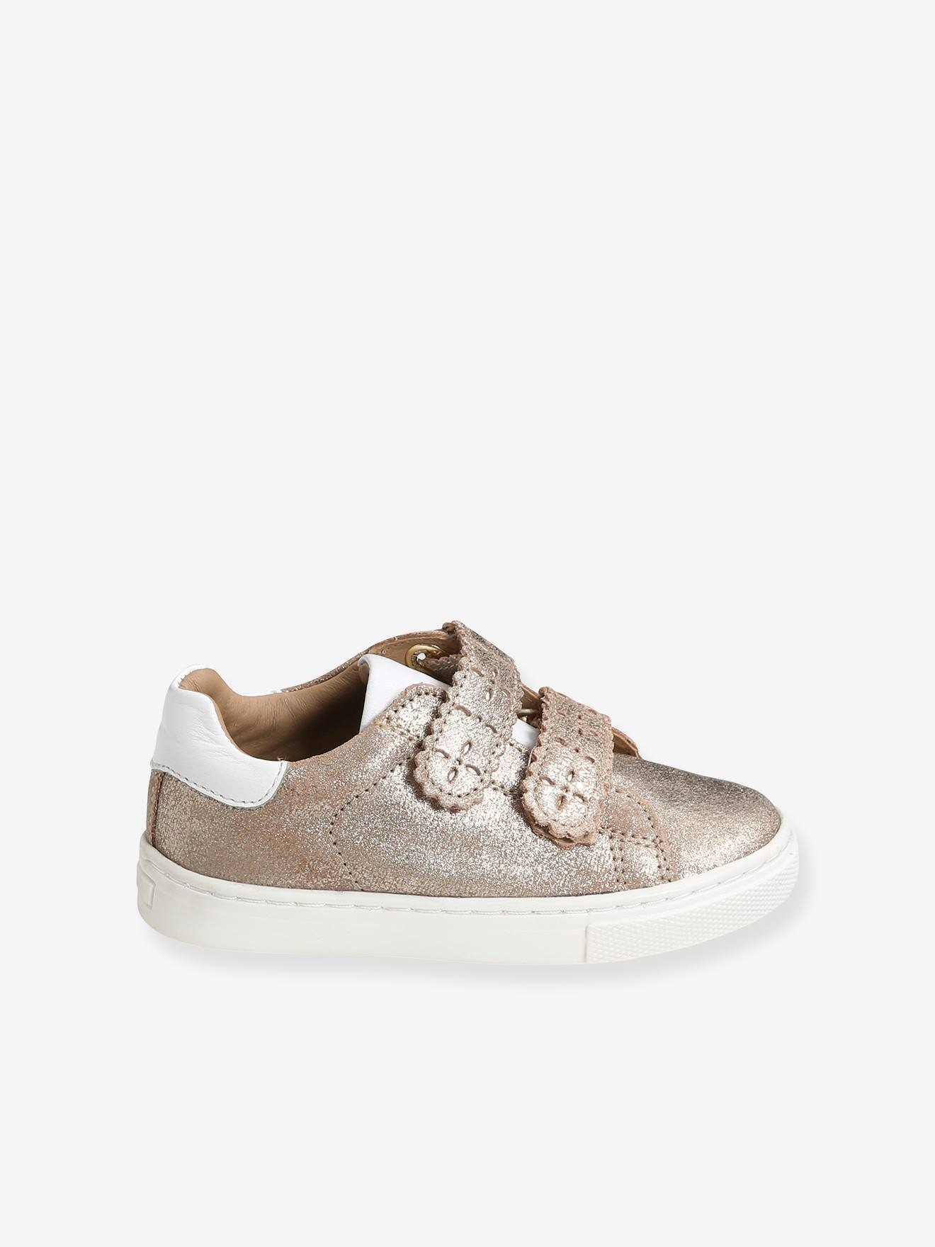 Tênis de couro com fecho de velcro para meninas, modelo especial com design diferenciado, cor azul médio liso.