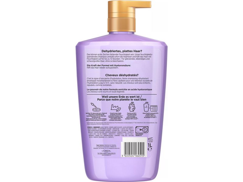 L'Oréal Elsève Shampoo Hydra Hyaluron 1 l Format Haarshampoo versorgt Kopfhaut und Längen mit der nötigen Feuchtigkeit