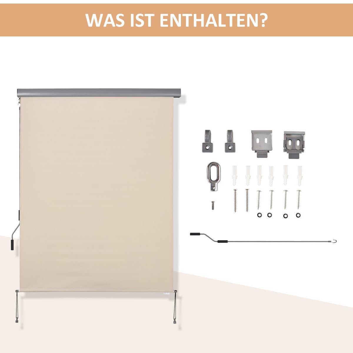 Outsunny verticale zonwering, verticale zonwering met handzwengel, 200 x 140 cm, polyester doek + aluminium, crèmewit