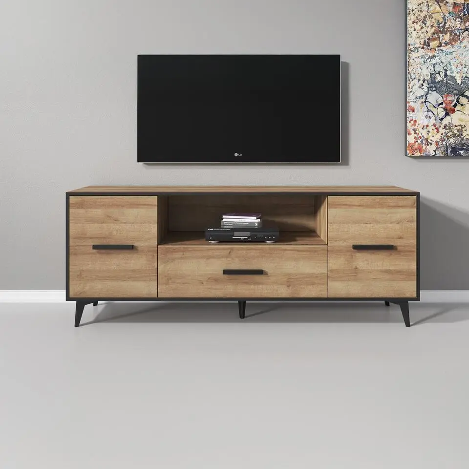 Meubella - TV-Meubel Frey - Licht eiken - Zwart - 179 cm