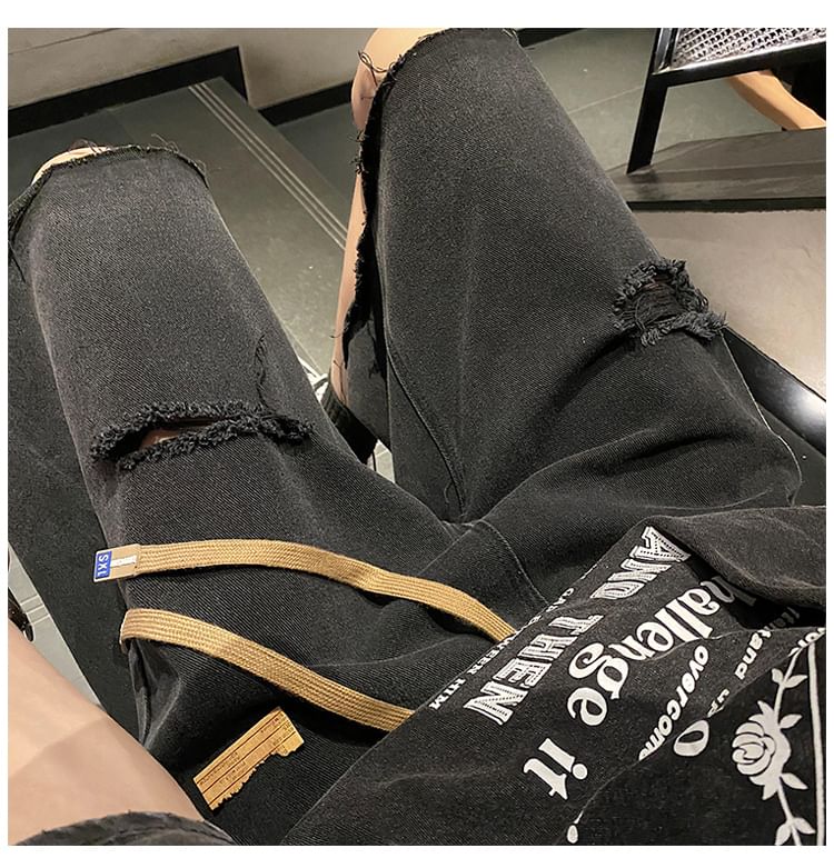 Phoneus - Trekkoord taille applicatie gewassen gerafelde versleten wijde denim shorts