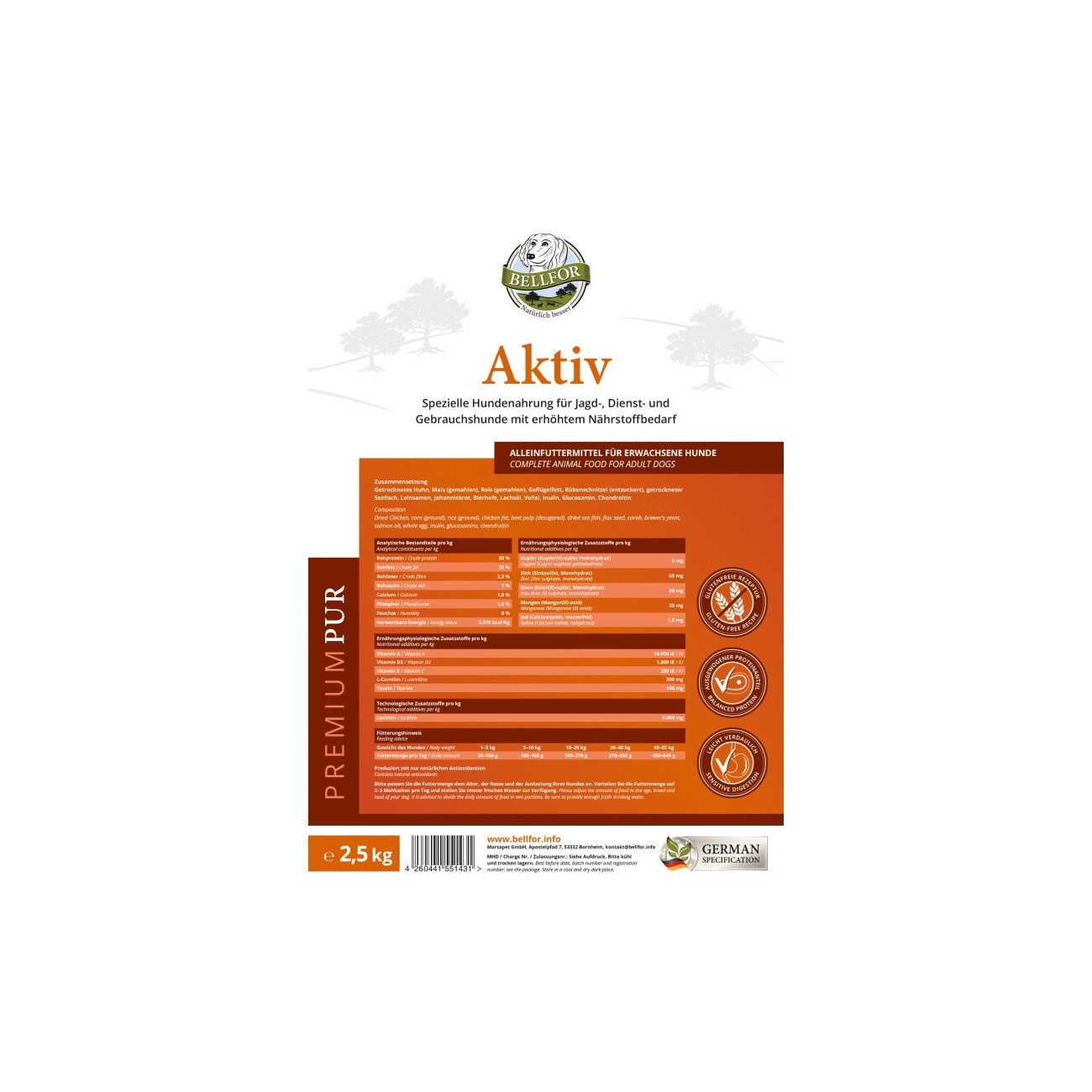 Bellfor Hundefutter für sportliche Hunde - PREMIUM PUR Aktiv - 2,5 kg