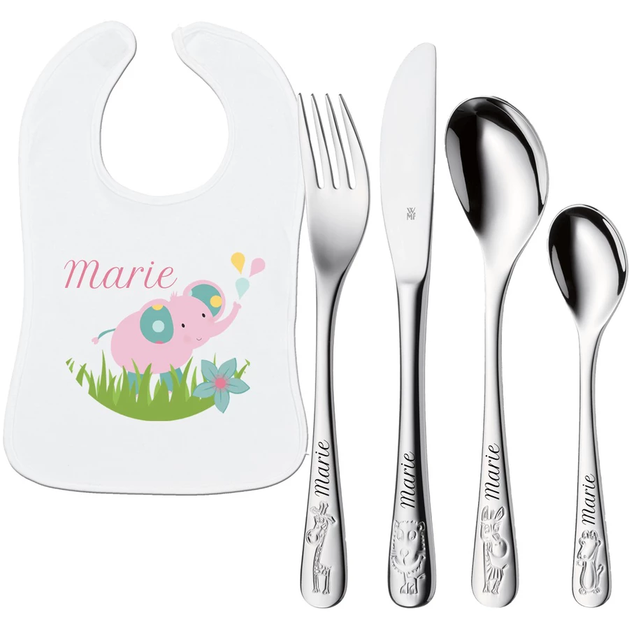 Schnullireich Geschenkset mit Namen Safari: WMF Kinderbesteck + Lätzchen Rosa Elefant Silber