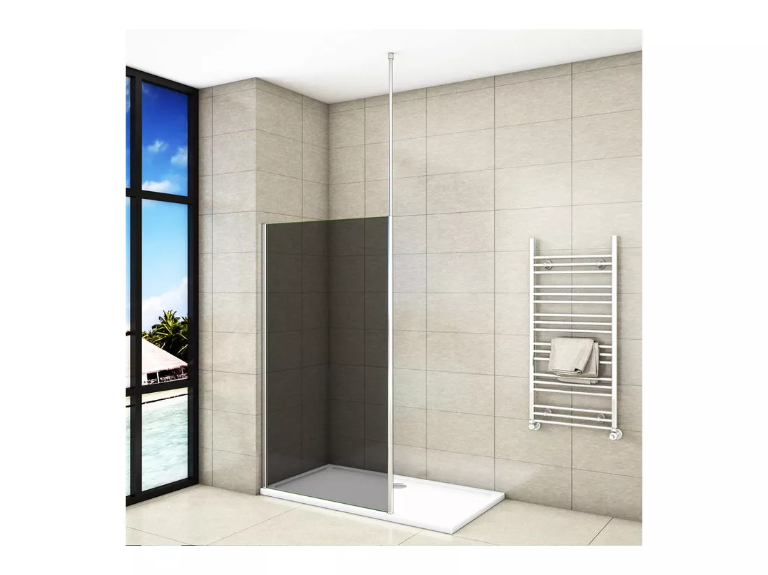 Paroi de douche grise 100x200cm à l'italienne avec barre de fixation au plafond 203-320cm, en 8mm verre trempé anticalcaire