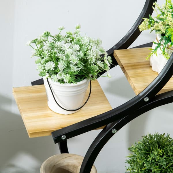 Plantehylle S-Formet 4-Lags Blomstertrapper, Plantestativ Med Metallramme, Heltre, Svart, 46X25X91Cm
