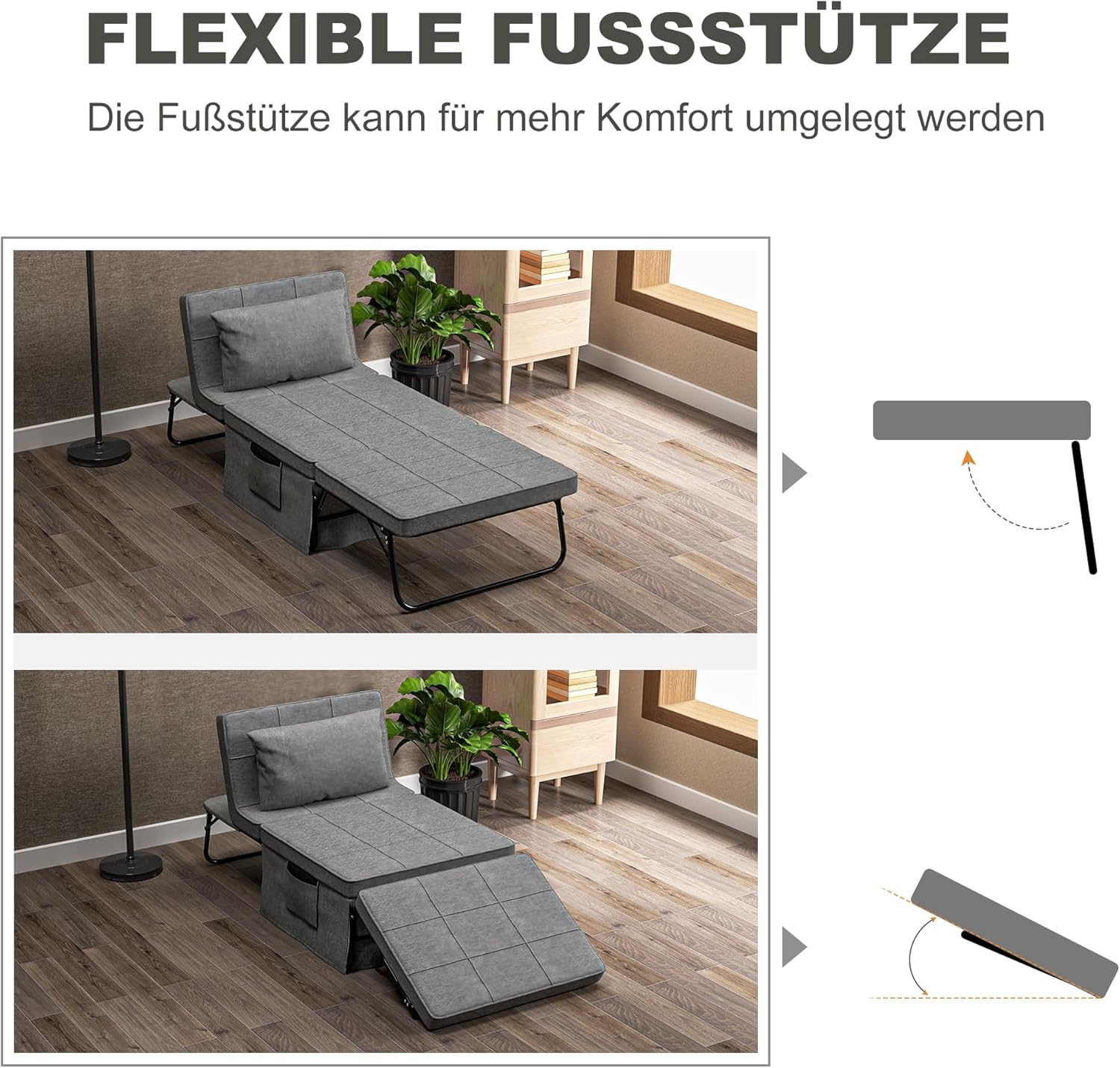 HOMCOM 4-in-1 Klappbett 75x190 cm, Erwachsene Gästebett Klappbar mit 8 cm Dicker Schaumstoff, Reisebett mit Metallrahmen, 5-stufig höhenverstellbares Einzelbett mit Kissen, bis 150 kg belastbar