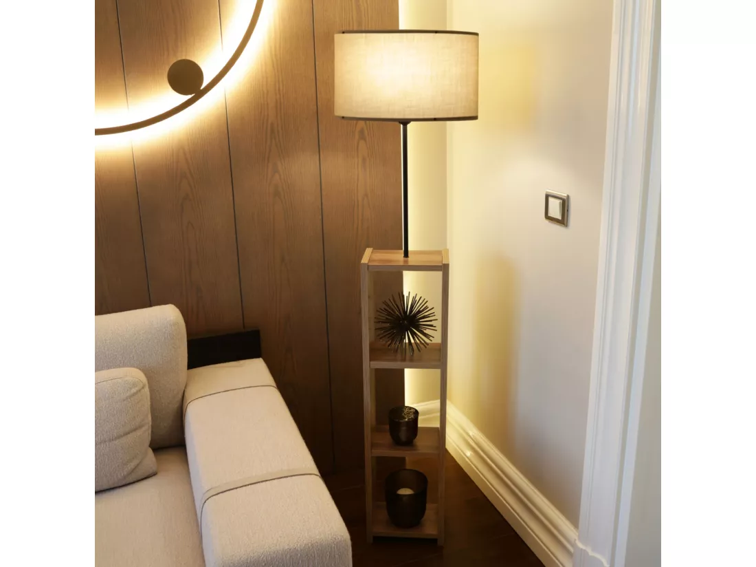 Lampadaire Redditch avec étagère hauteur 150 cm E27 effet bois / noir / beige [lux.pro]