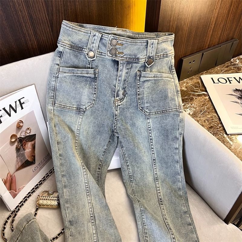 Happo - Mid Waist Washed Flared Jeans