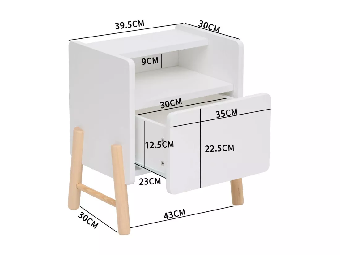 Table de chevet pour enfants Kelen 49x40x30 MDF Pin Blanc Marron