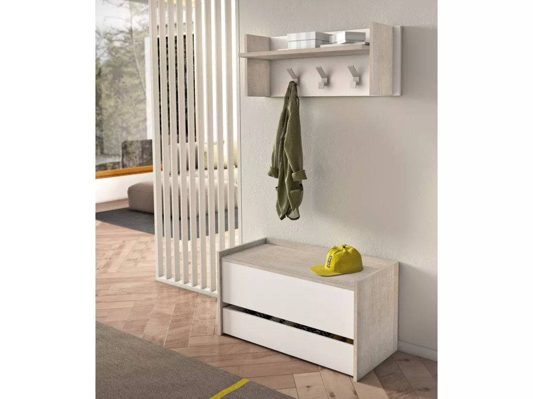 Meuble d'entrée Brionia, Entrée moderne avec portemanteau, Meuble avec étagère à chaussures, Meuble multifonctionnel, 50x32h182 cm, Chêne et Blanc