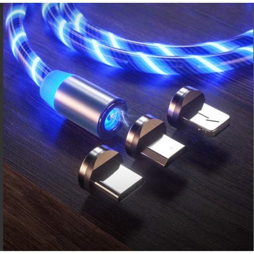 (1m) 2.4A 3in1 Magnetisches Ladekabel LED Leuchtendes Datenkabel Apple Lightning / Micro USB / USB C - Blau