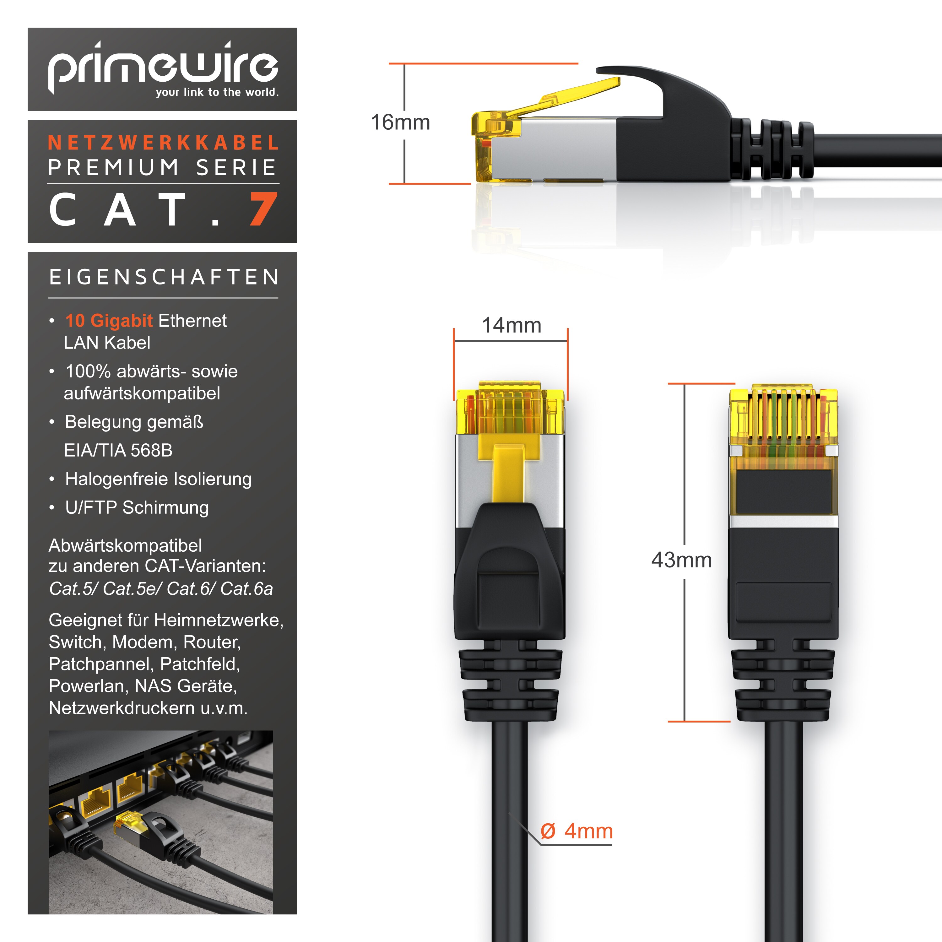 Primewire Ultra Slim Patchkabel Cat 7 - LAN Ethernet Gigabit Kabel - 10000 Mbit - U/FTP PIMF Schirmung - Netzwerkkabel - 20m
