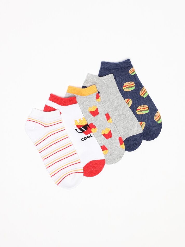 Pacote com 5 pares de meias estampadas com motivos de fast food - Cores variadas