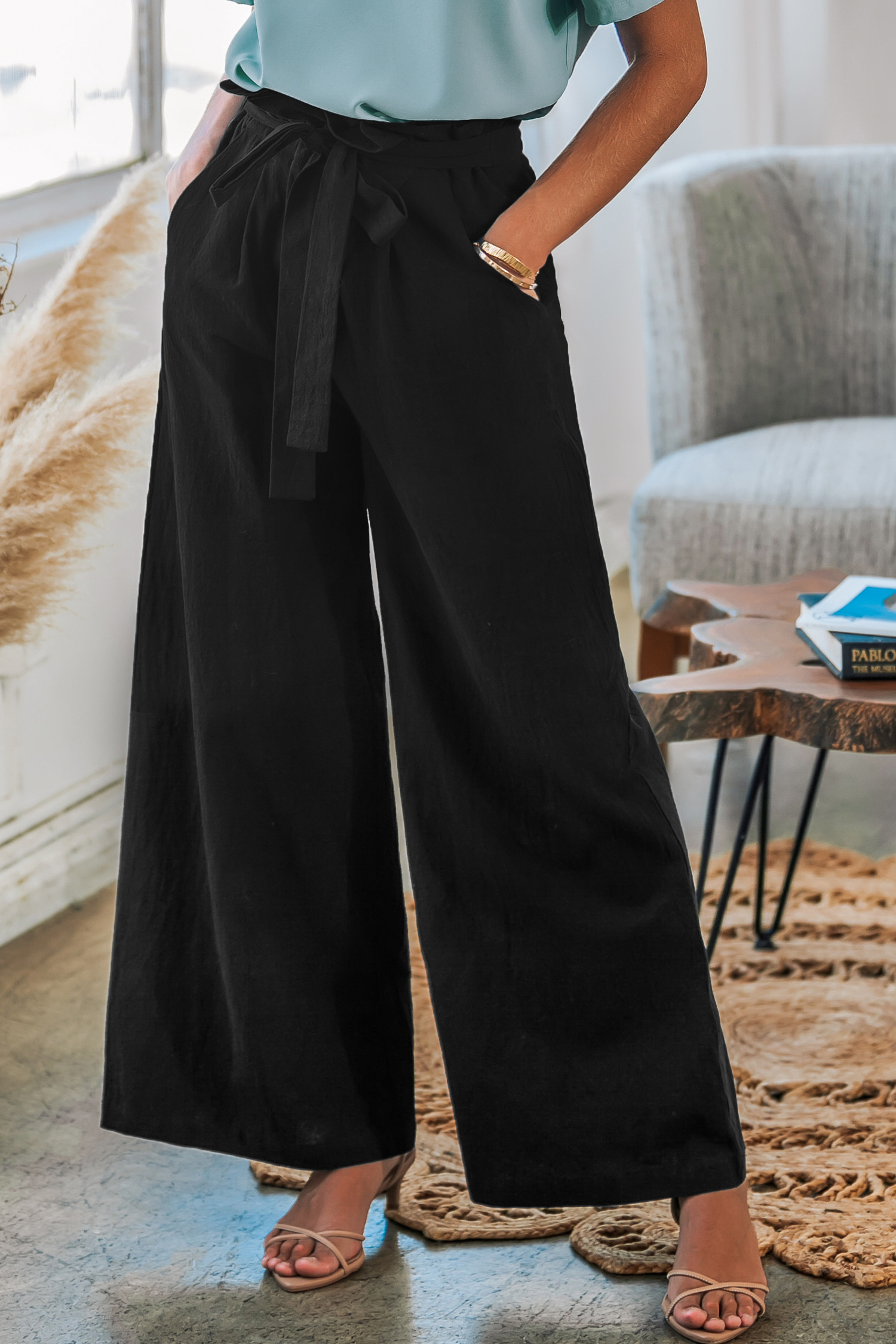 Pantalon en pur coton à poches et jambes larges noir