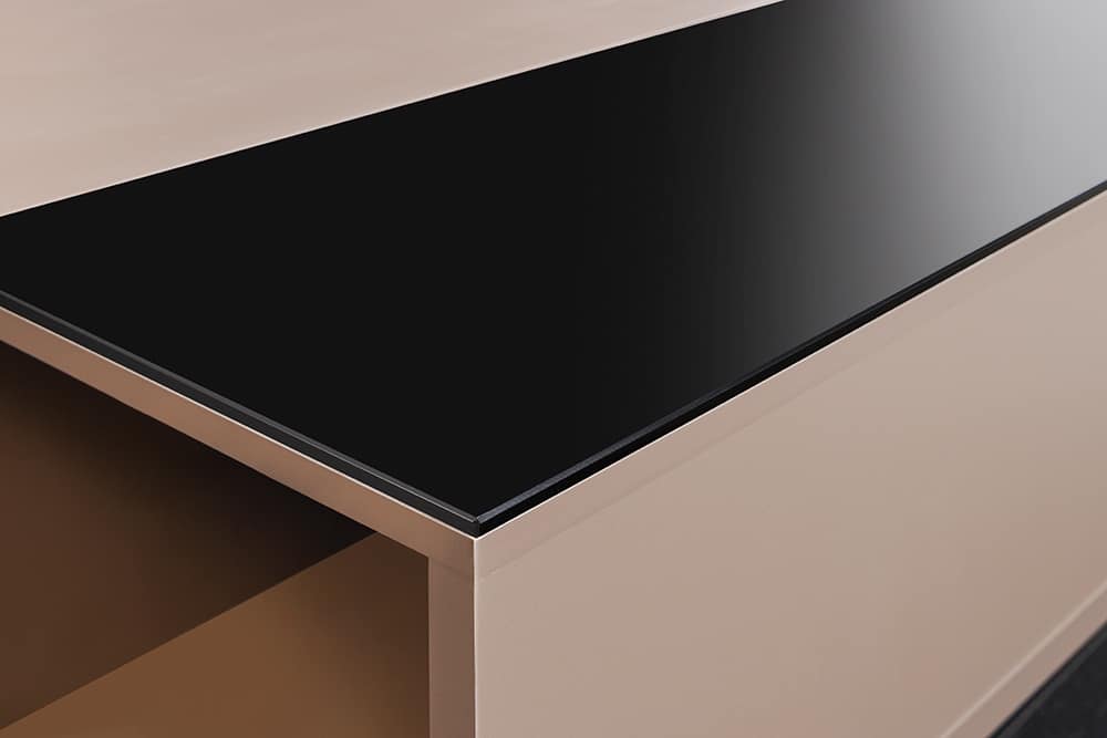 Höhenverstellbarer Couchtisch APARTMENT 110cm taupe greige schwarz Metall Stauraum