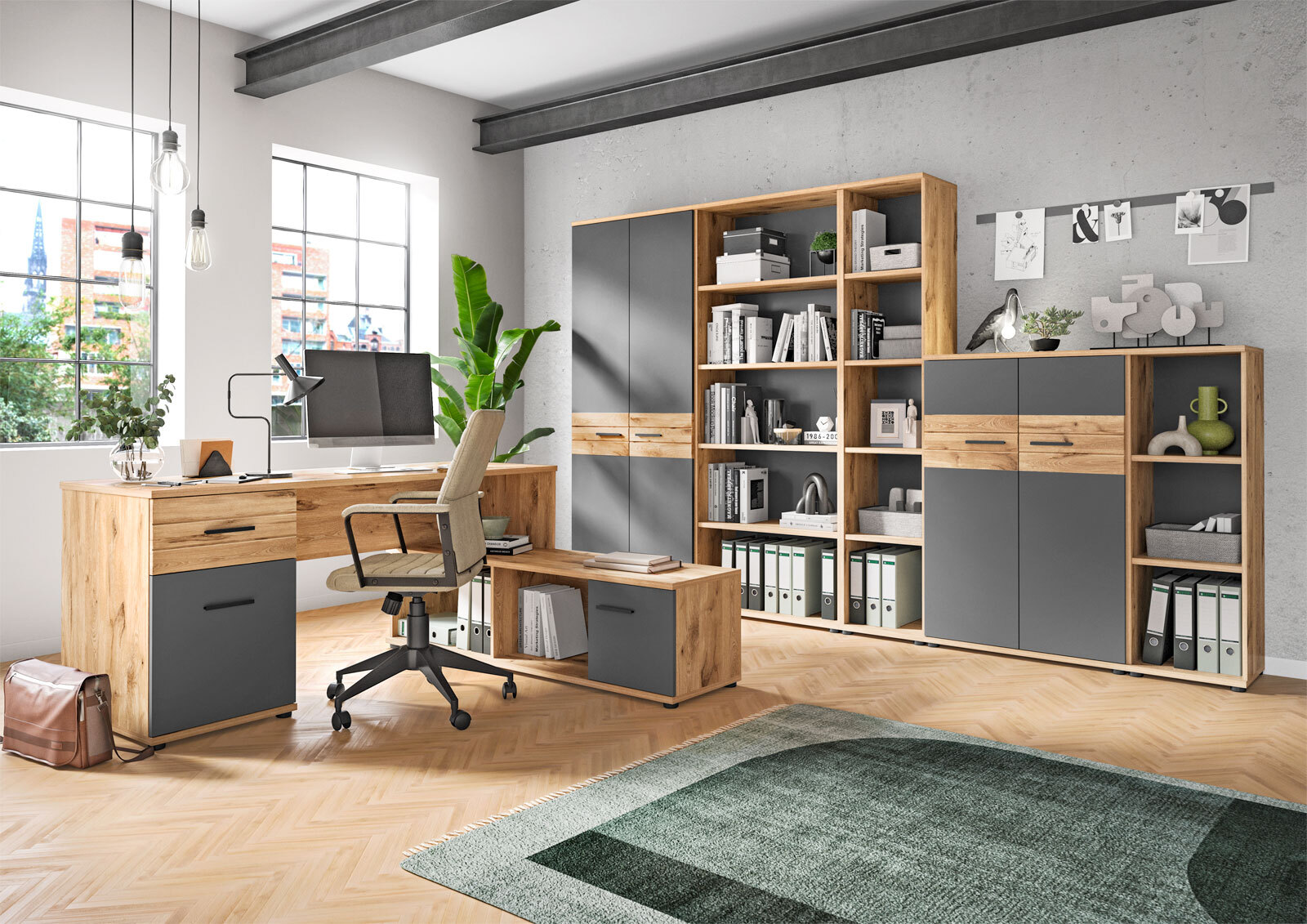 Winkelschreibtisch Mason Basalt Grau / Nox Oak 170 x 76 x 151 cm
