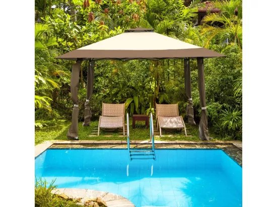 Tonnelle Barnum de Jardin Pliante Pop-up 3,95x3,95M 2 Toit Ventilés Tissu et velours Oxford 3 Hauteurs Réglable Sac de Rangement（Marron)