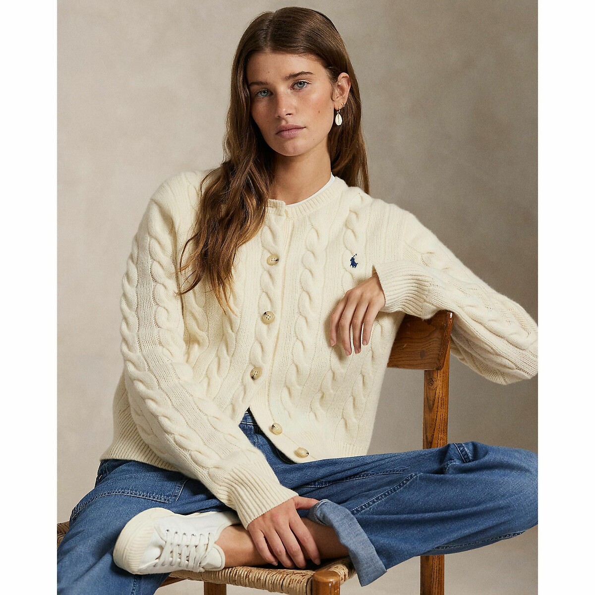 POLO RALPH LAUREN<br>Cardigã de malha trançada em lã e cashmere