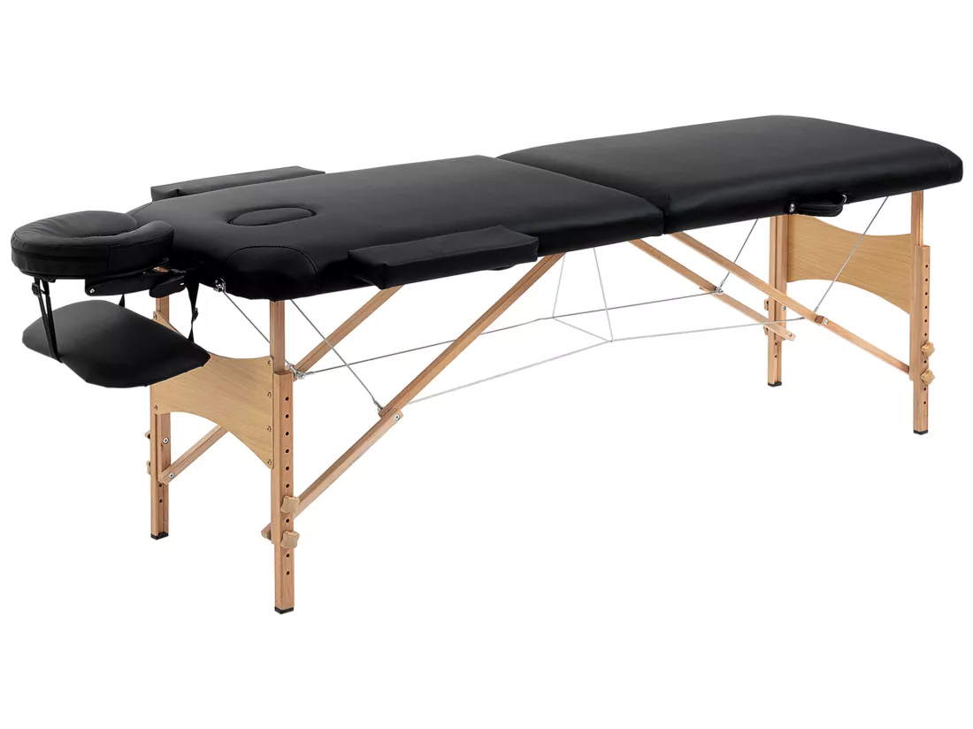 Table de massage pliante lit table de beauté 2 zones portable sac de tranport inclus hauteur réglable dim. 185L x 60l x 61-88H cm bois massif revêtement synthétique noir