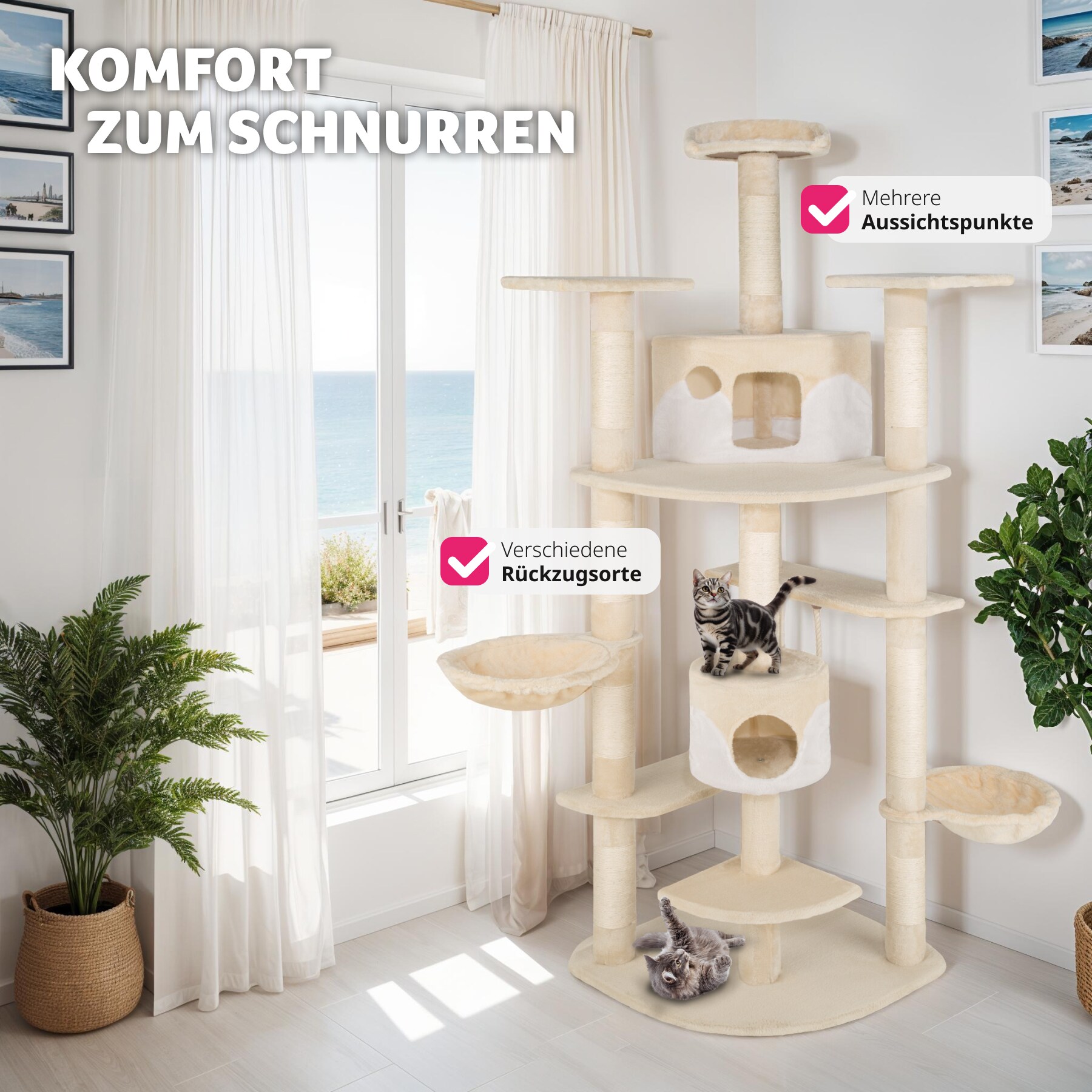 tectake® Kratzbaum, 204 cm, mit 2 Katzenhäusern, inklusive Spielkordel und Kippschutz