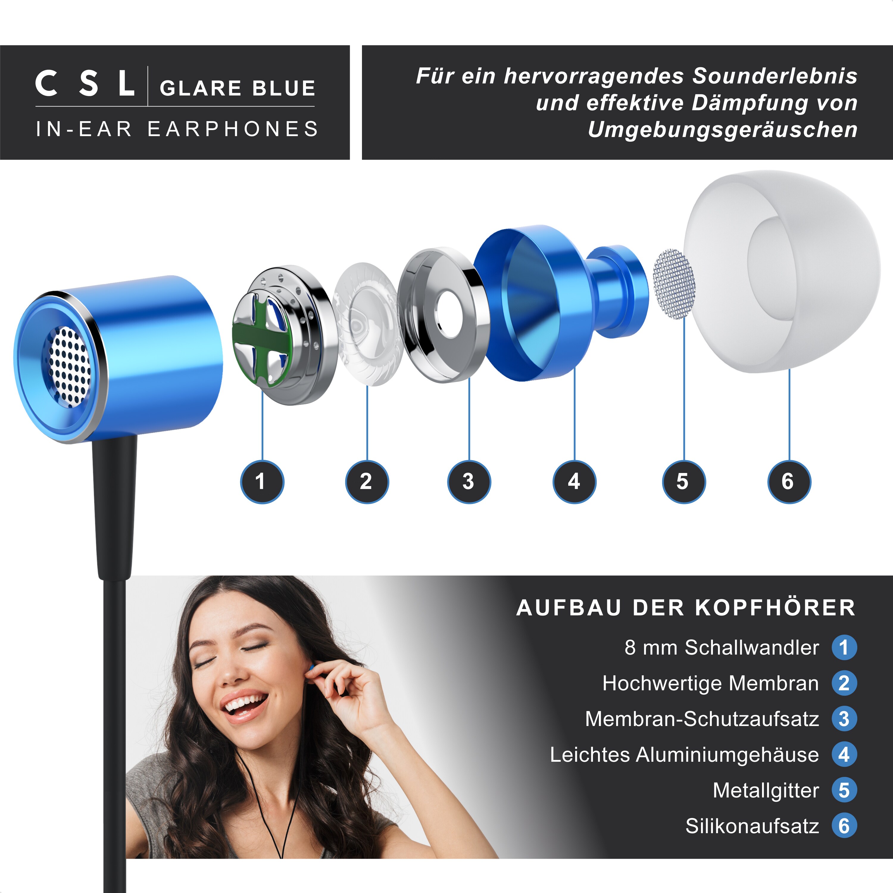 CSL High End In-Ear Kopfhörer Glare Blue Dynamischer 8mm Treiber / Noise Reduction Design