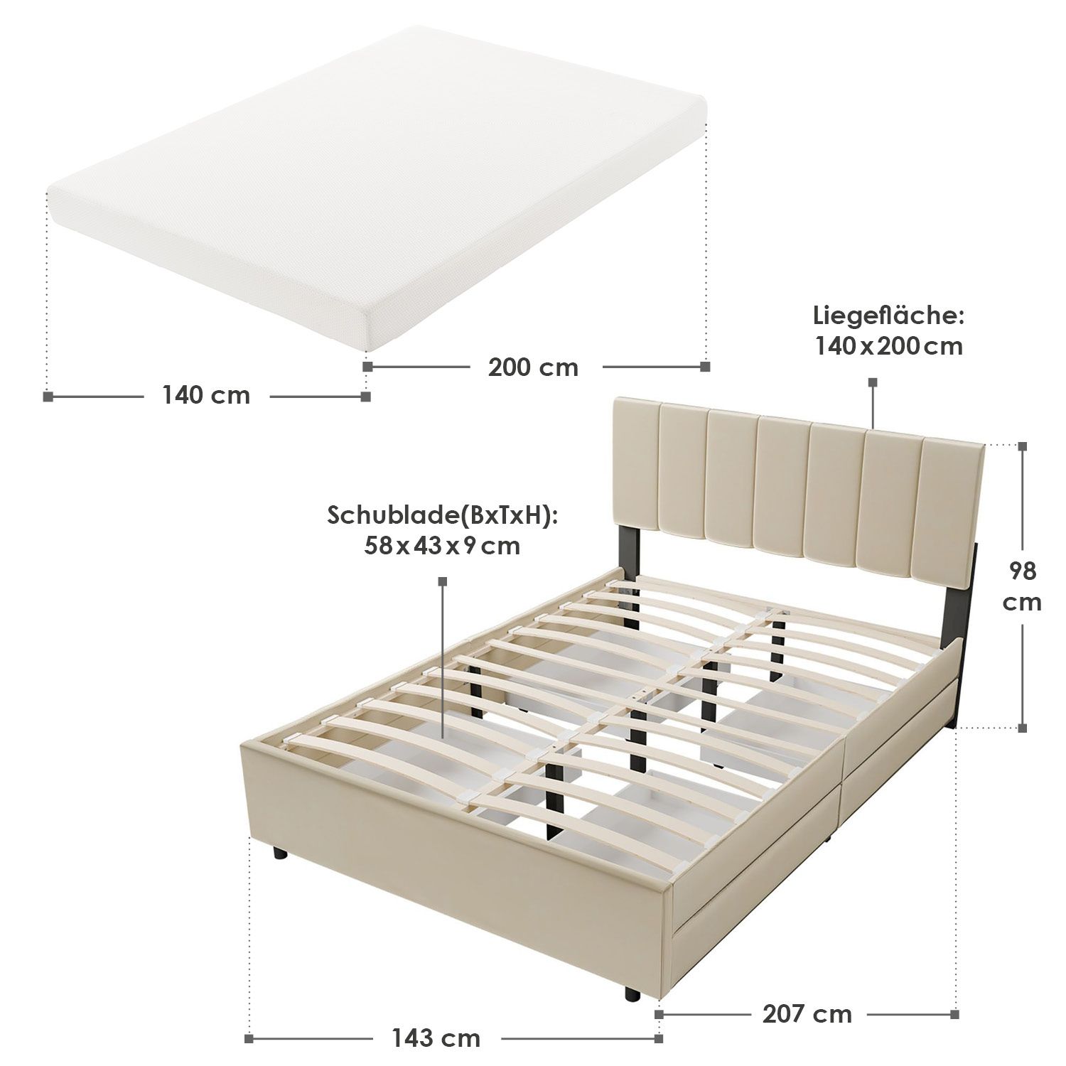 Juskys Samt Polsterbett Soria 140x200 cm mit Matratze, Lattenrost & Schubladen - Bett Beige