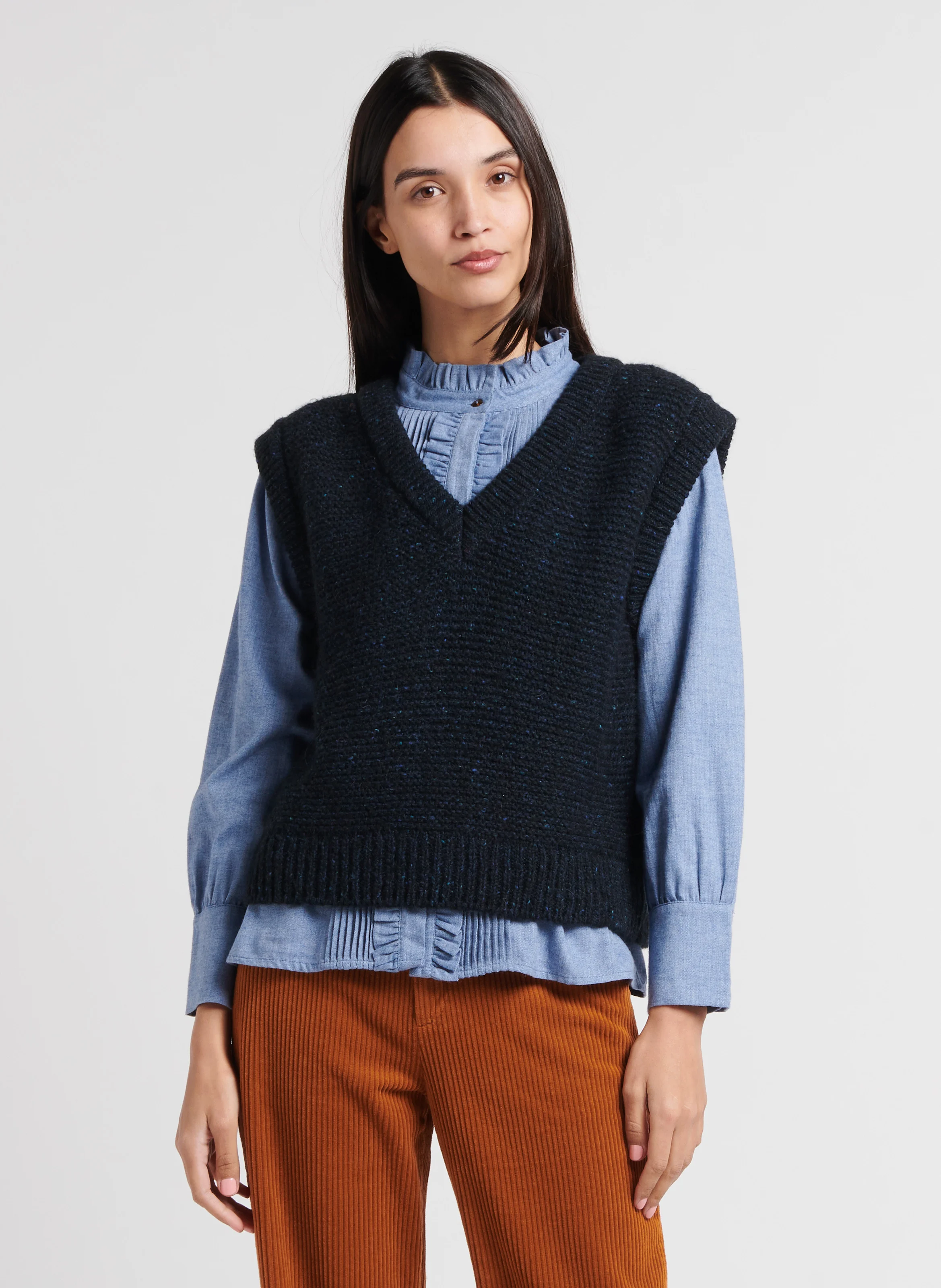 AMELOT - Top col V en laine mélangée| Bleu