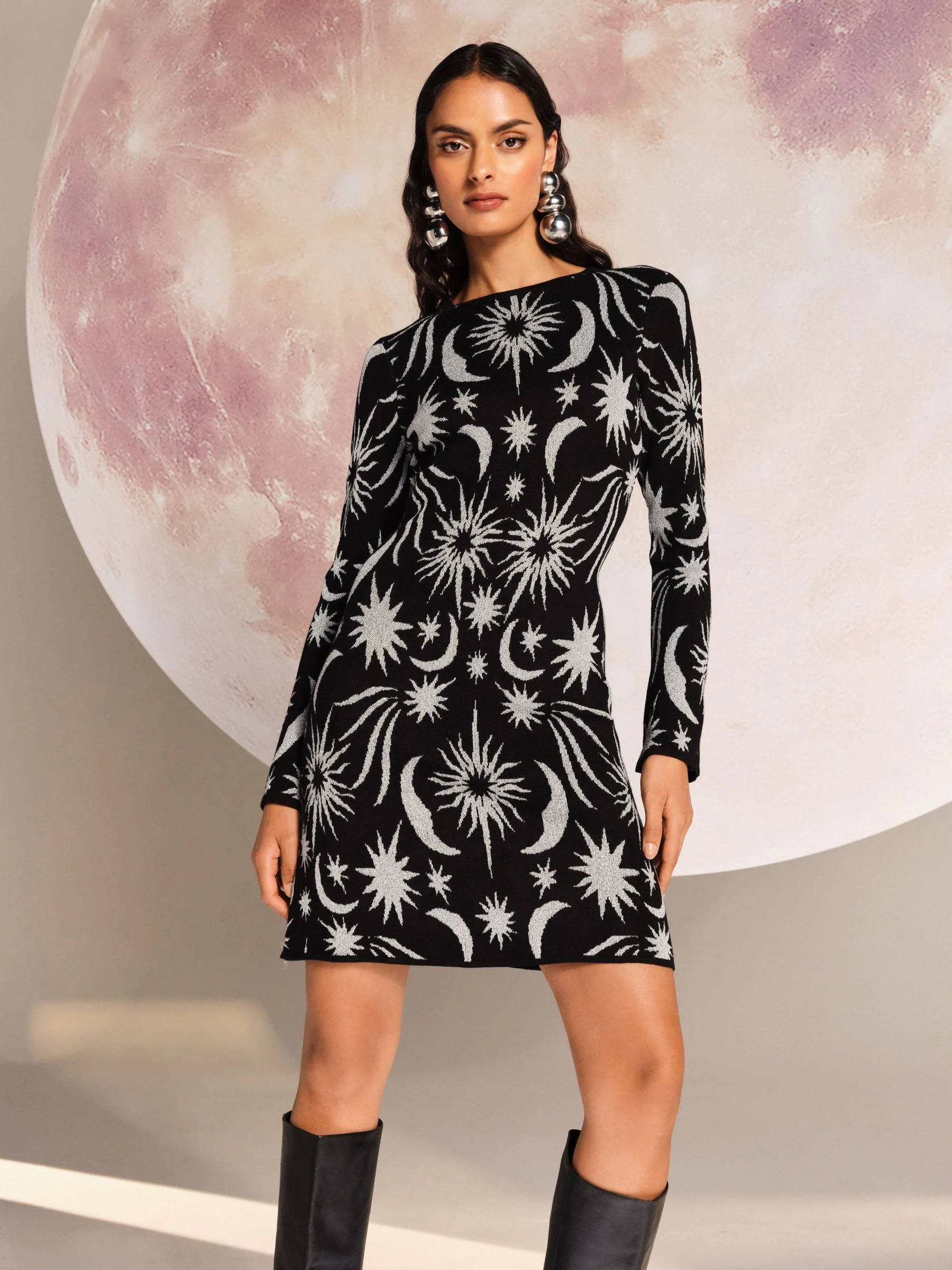 Zwart - Love & Roses Christmas Petite Celestial Jacquard Glitter Knitted Mini Dress