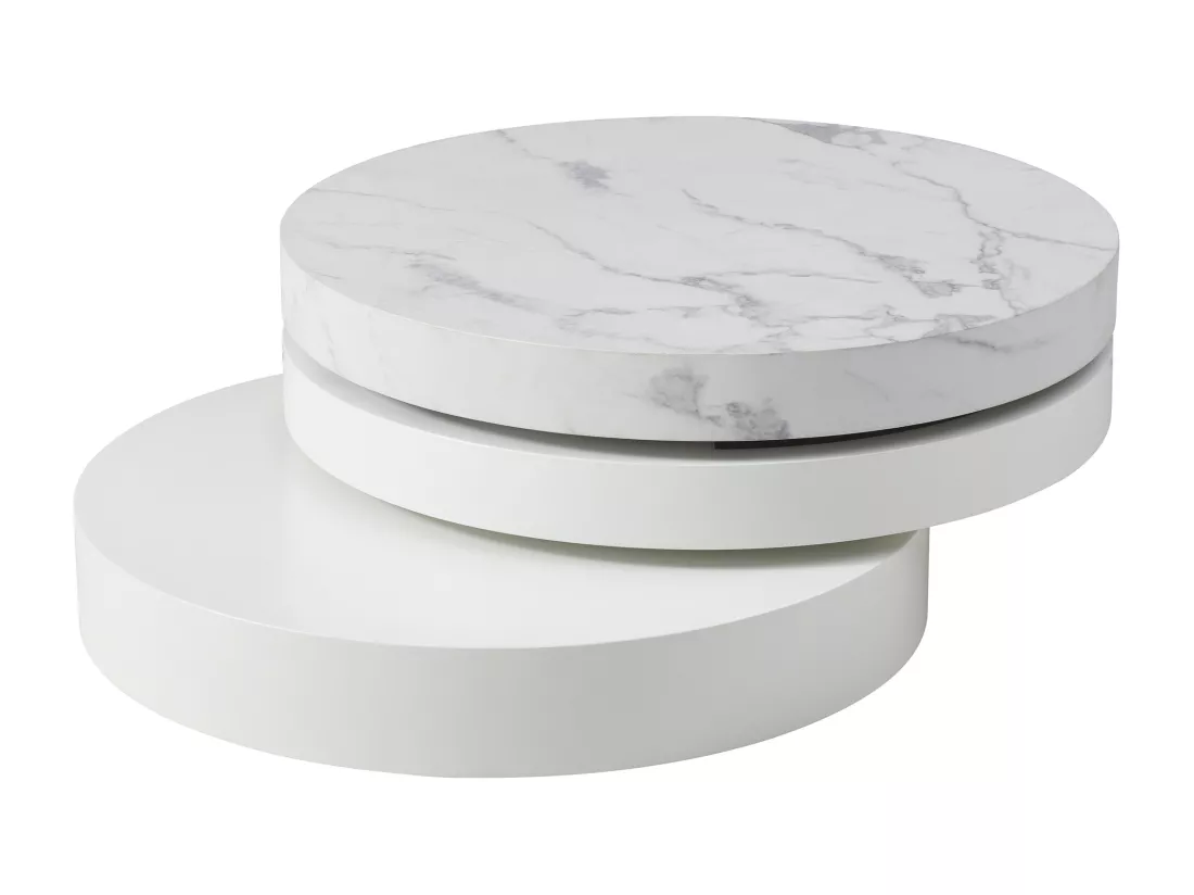 Table basse pivotante ronde avec 1 niche en MDF - Effet marbre blanc et blanc laqué - JANITA
