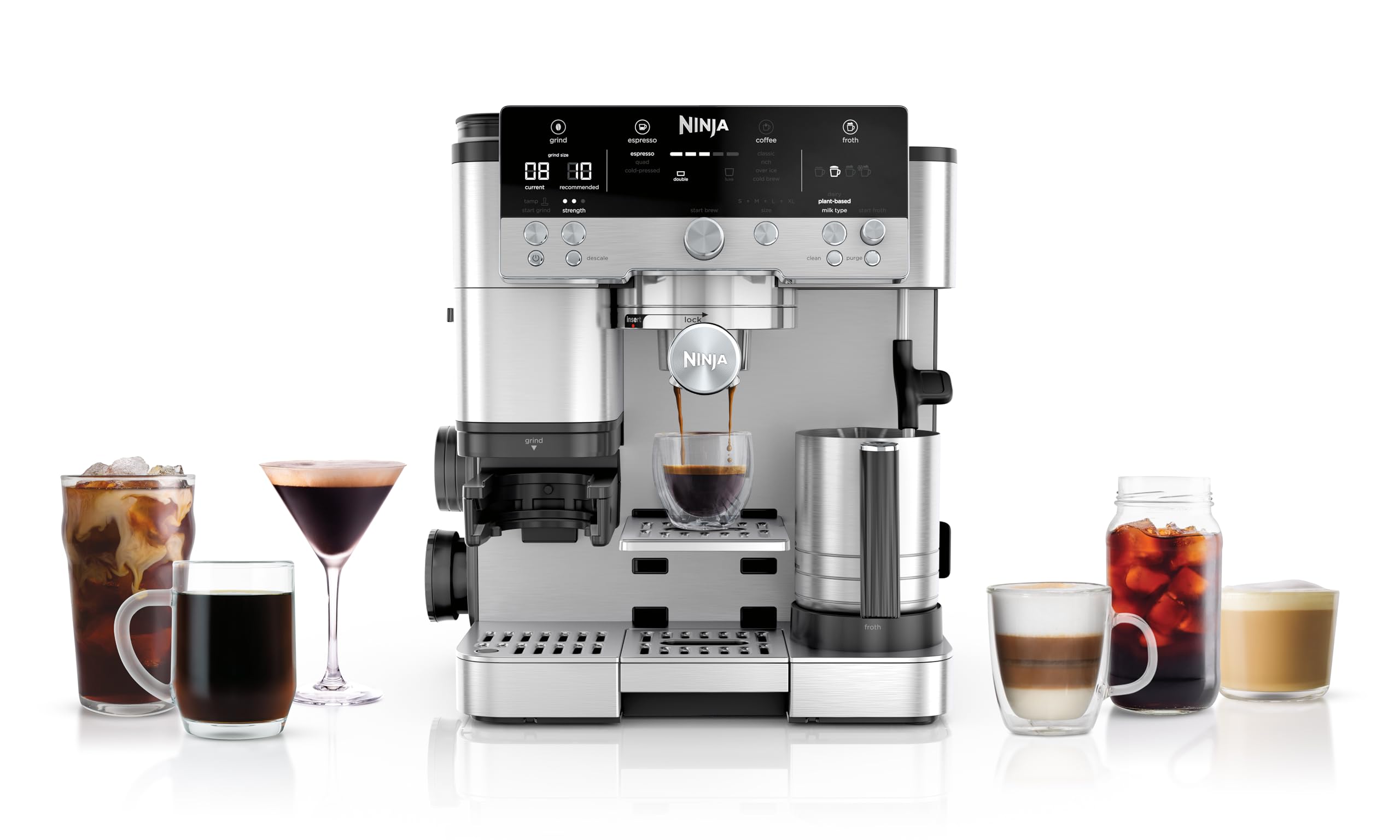 NINJA Machine à café Luxe Premier 3-en-1, Latte, Cappuccino, Infusion à froid et Espresso avec broyeur à grains et mousseur à lait intégrés, facile à