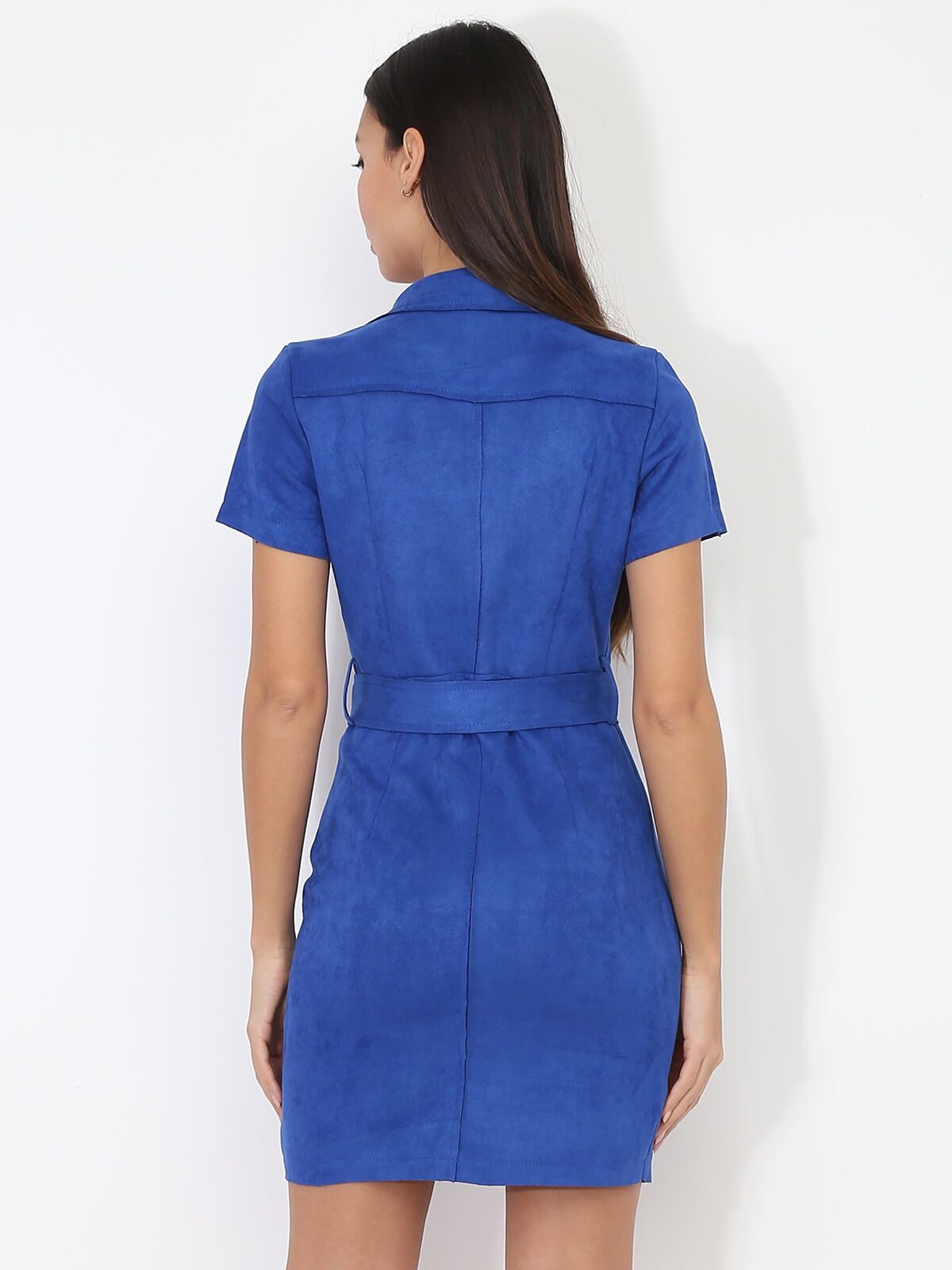 Robe blazer ceinturée en suédine- Bleu
