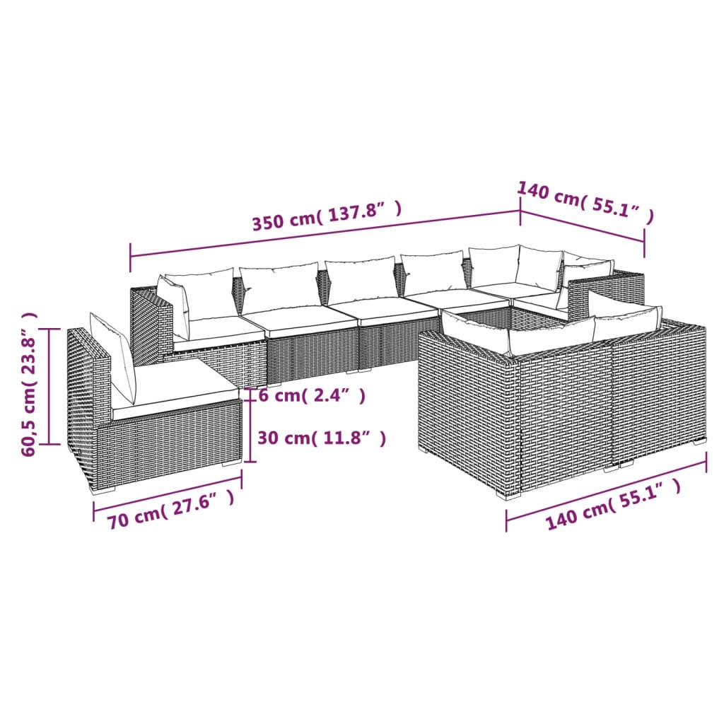 Salon de jardin meuble d'extérieur ensemble de mobilier 9 pièces avec coussins résine tressée gris