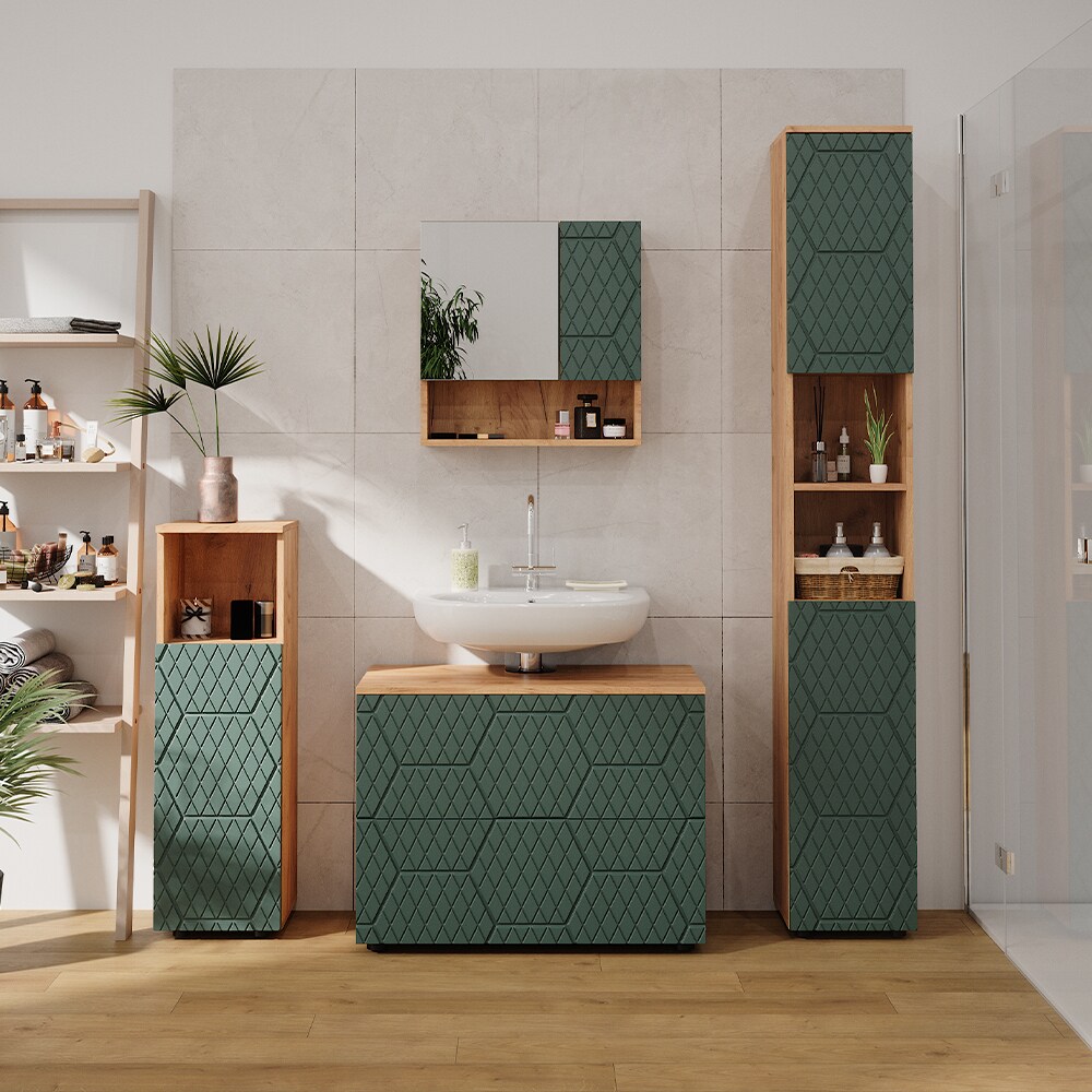 Vicco Badmöbel-Set Irma Eiche Grün 4-teilig Hochschrank Midischrank 95 cm