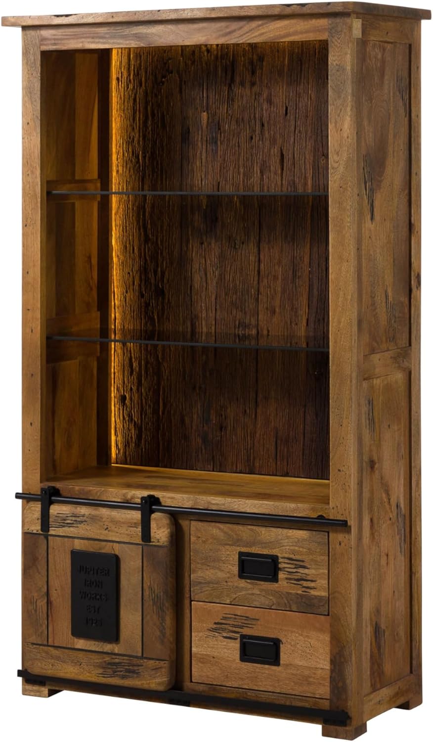 MASSIVMOEBEL24.DE | Railway Lux Standregal aus Massivholz mit Beleuchtung #165 | Mangoholz/Altholz - Natur lackiert | 100x45x175 cm | 5 Fächer, 1 Tür, 2 Schubladen | Standregal klein