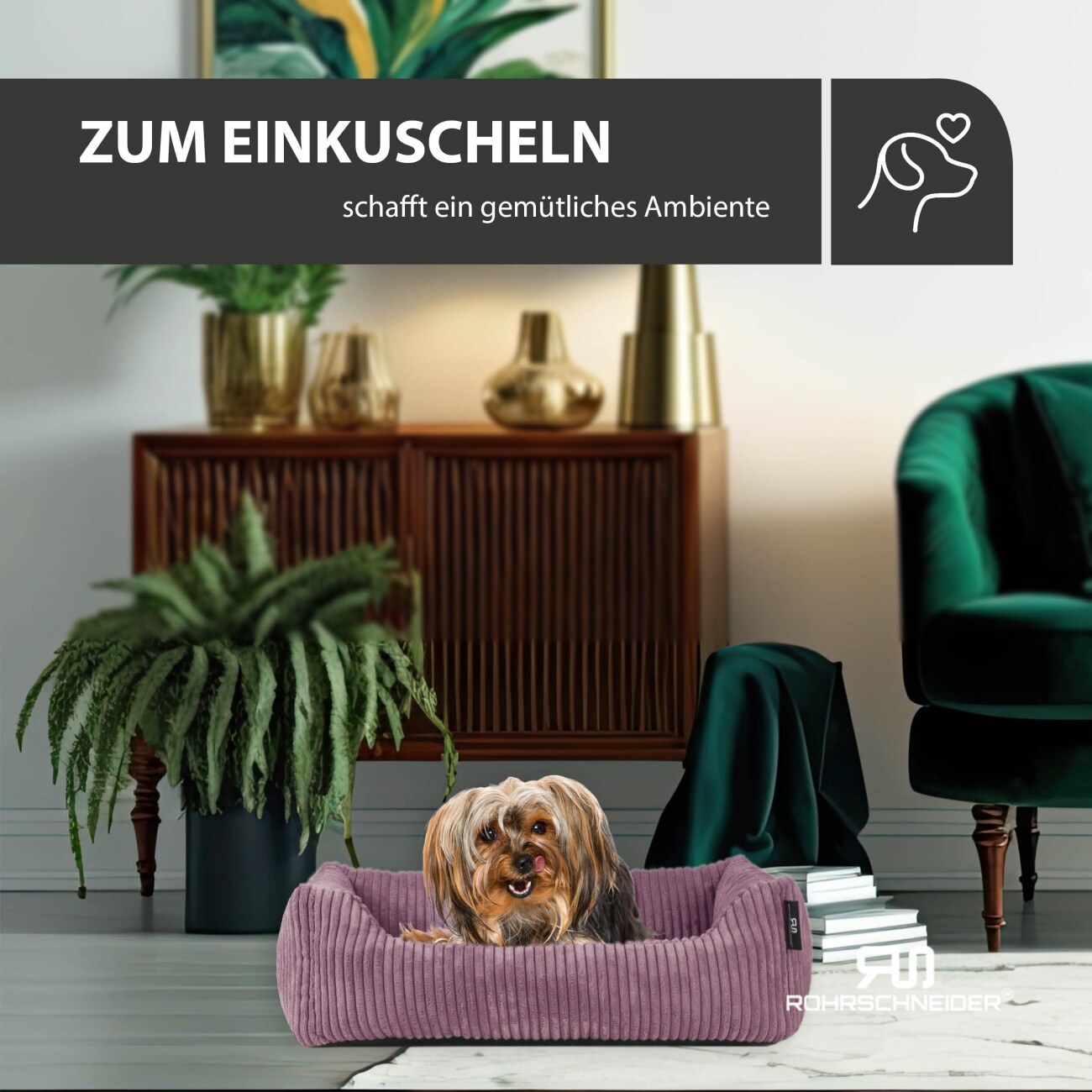 Rohrschneider ® Hundebett waschbar für kleine Hunde mit Hundekissen Cord (ca. 55x42 cm) inkl. Gassibeutel