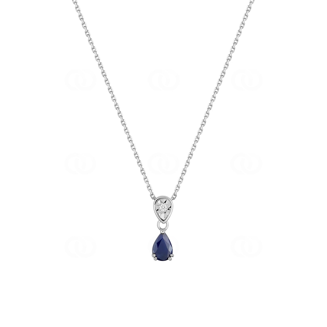 Collier mit Anhänger 750/18 K Weissgold mit Saphir Tropfen & Diamant 0.01ct.