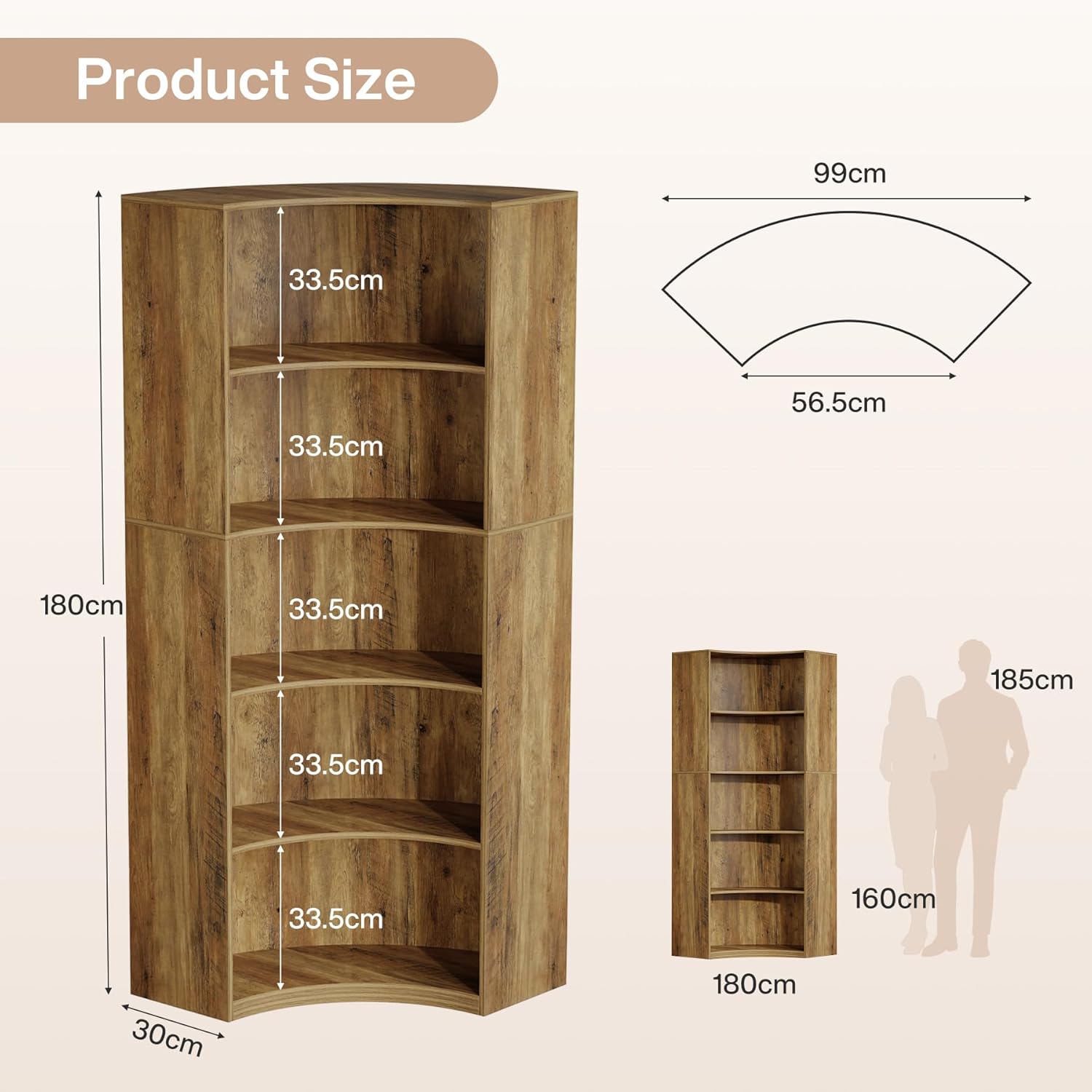 Tribesigns 6-Etagen Eckregal, 180 cm Hohes Bücherregal mit Abgerundeten Ecken, Landhausstil Sideboard für Wohnzimmer, Schlafzimmer, Küche oder Homeoffice (Rustikales Braun)