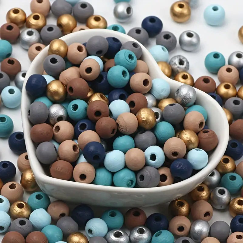 (100er Set) 8mm Holz Perlen DIY Bastel Schmuck Runde Zwischenperle für Armband / Kette - Blau / Braun / Silber