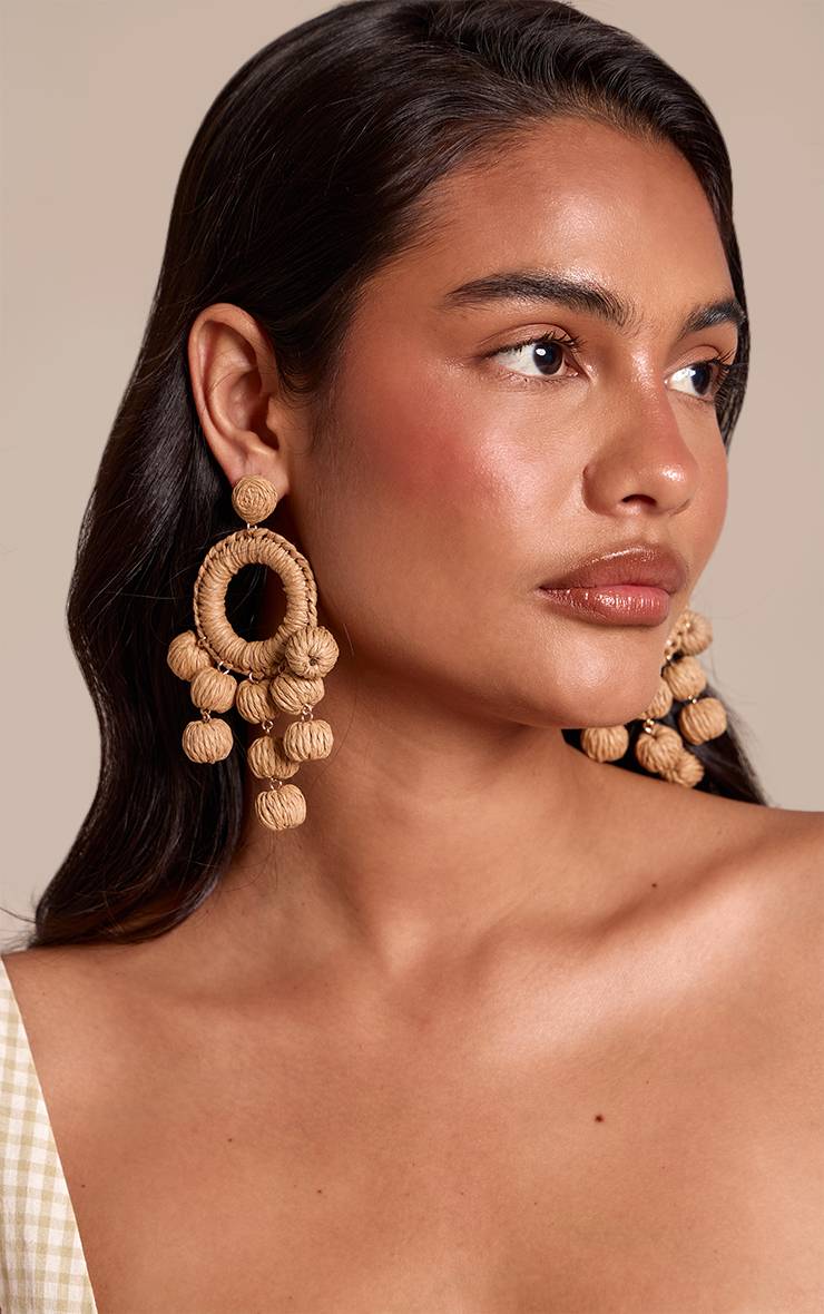 Naturel Boucles D'oreilles Déclaration Circulaires Drapées En Raphia