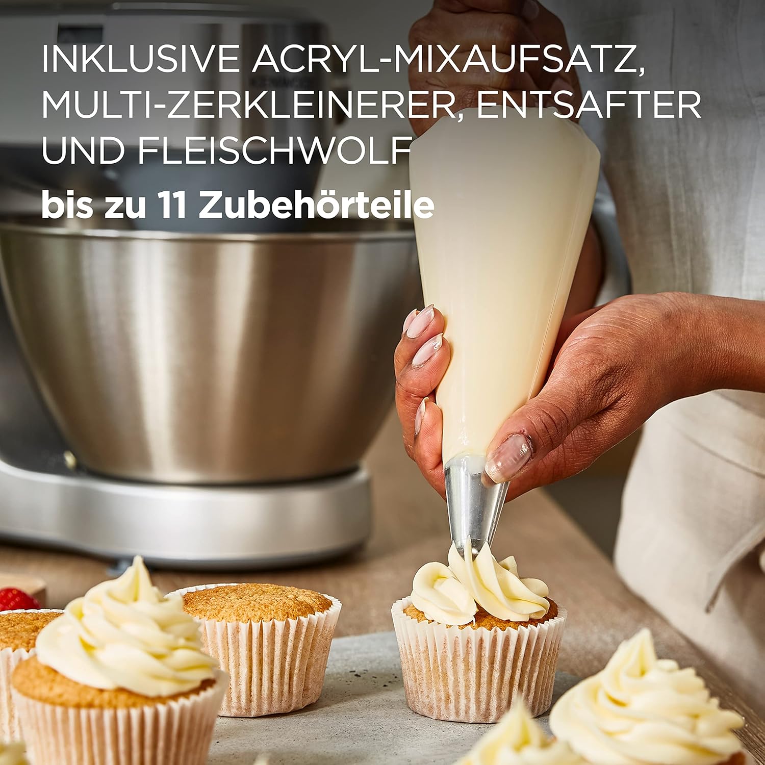 Kenwood Prospero+ KHC29.H0WH Küchenmaschine, 4,3 l Edelstahl Schüssel, 1000 Watt, inkl. 9-teiligem Zubehör-Set mit Zerkleinerer, Acryl-Mixaufsatz, Zitruspresse und mehr, Weiß