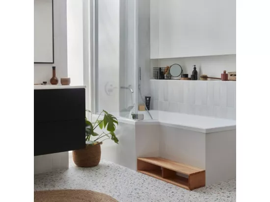 Baignoire bain douche JACOB DELAFON Neo + étagère + pare bain 150 x 80, version gauche