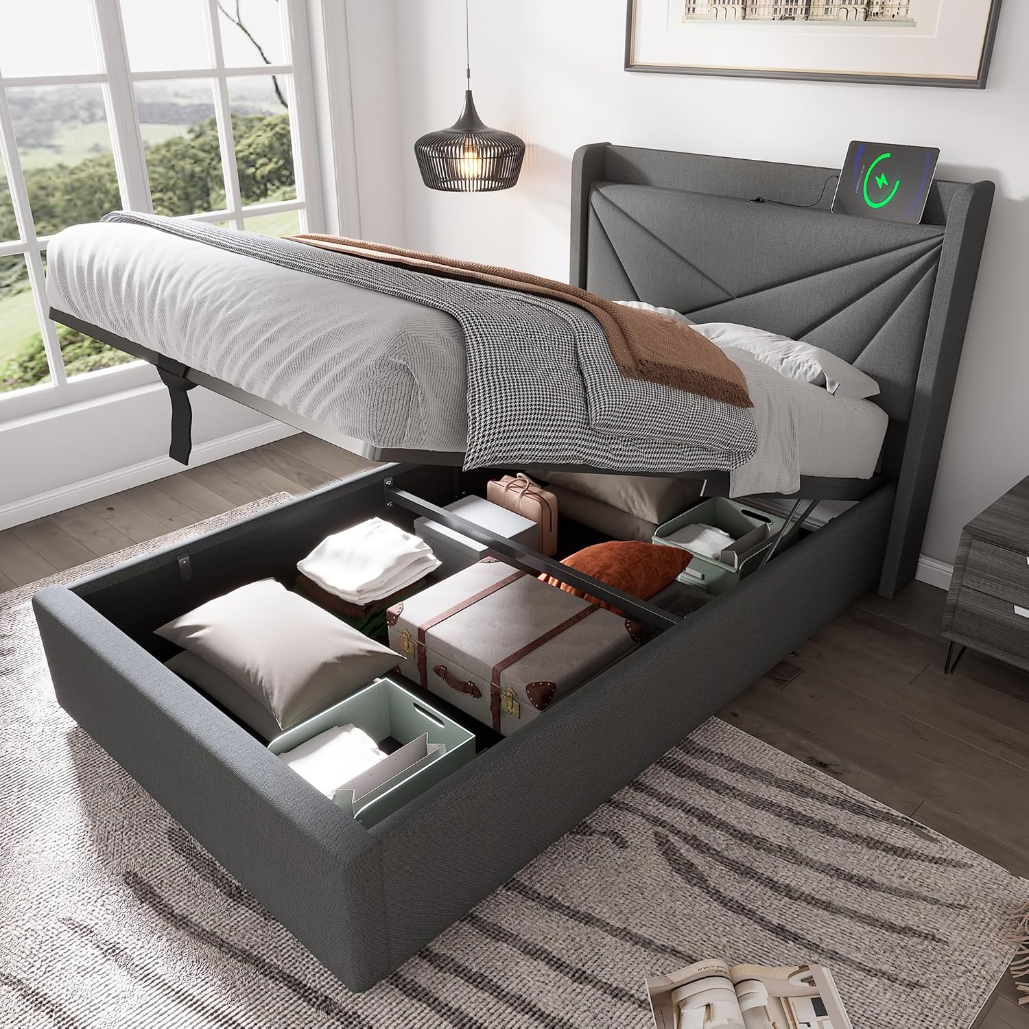 TOBIDOEN Einzelbett 90x200 cm, Polsterbett mit Stauraum und Kopfteil für Intelligente Bedürfnisse, Stauraumbetten Bettrahmen Erwachsene mit Lattenrost, Stoffe aus Leinenmaterial, Ohne Matratze, Grau