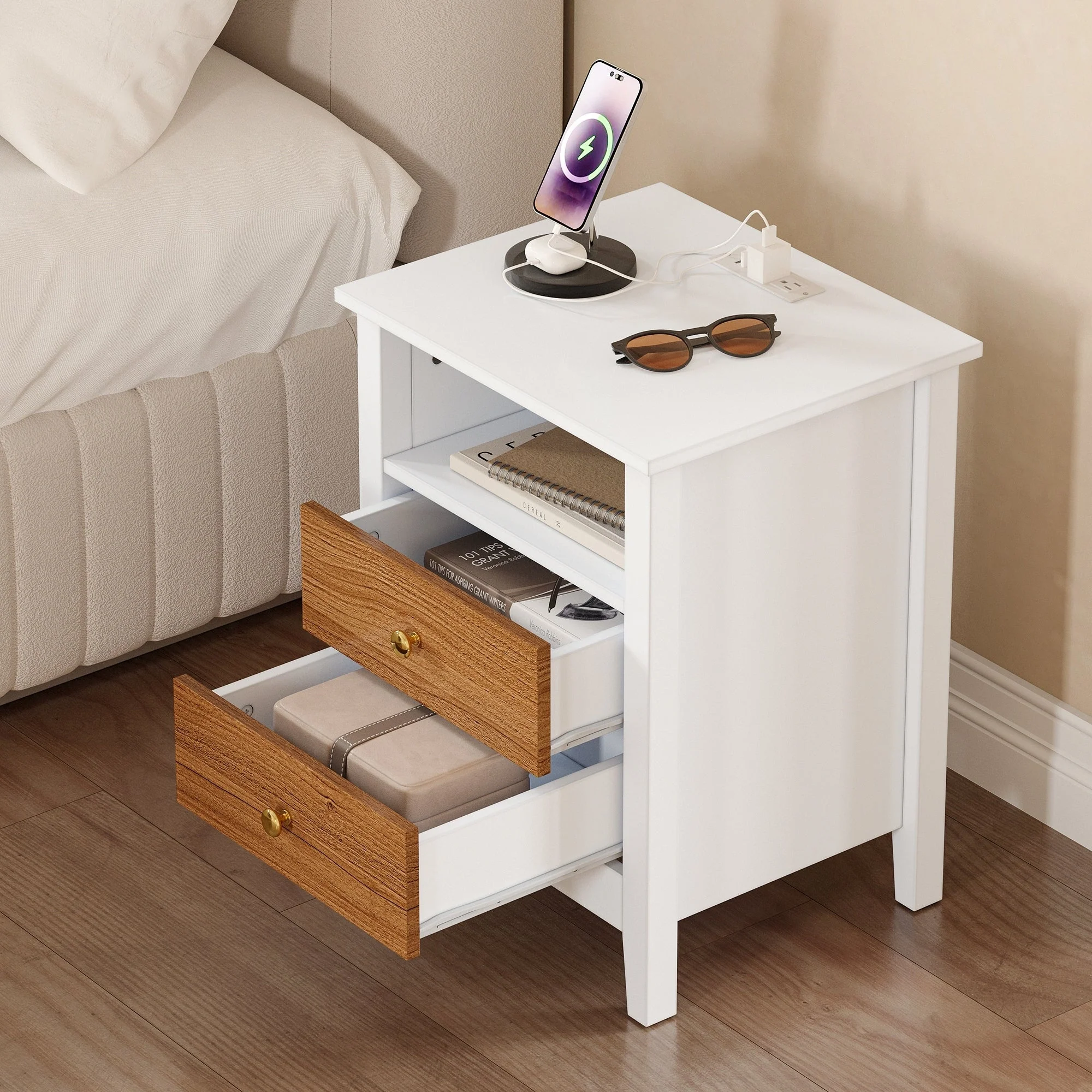 Nightstand Set of 2 with Charging Station End Side Table with 2 Drawers with USB Ports and Outlets Bedside Bed